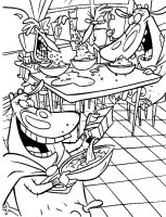A coloring page of cow and chicken